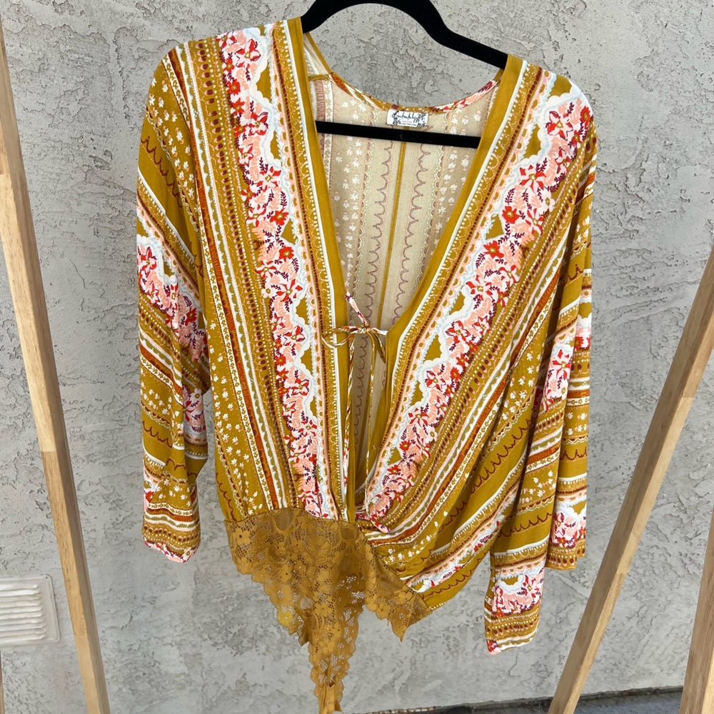 Free People Mustard Floral Lace-Trim Boho Top